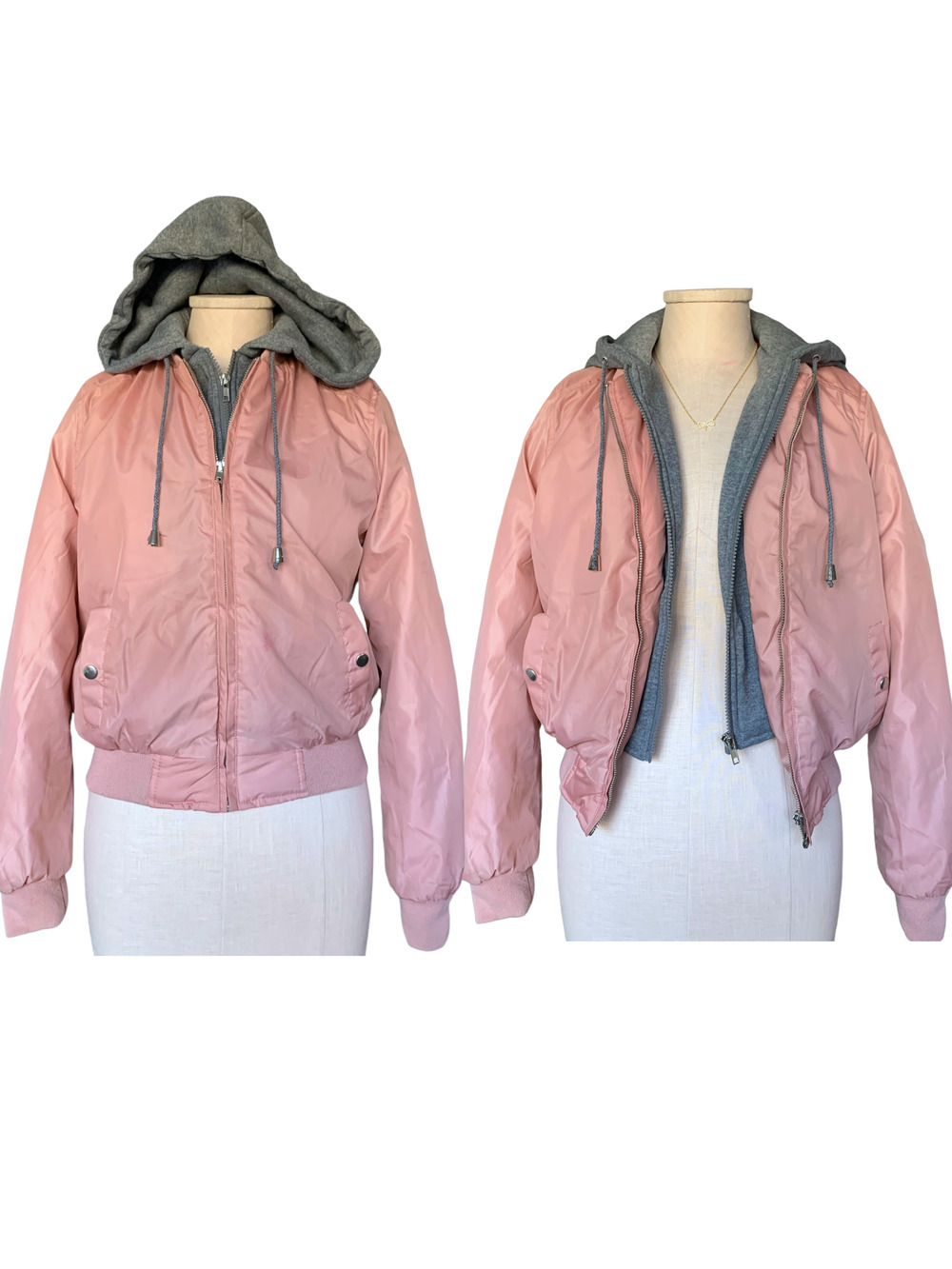 AMBIANCE OUTERWEAR 3-in-1 Windbreaker Bomber Jacket Hoodie Double Zip Gray Pink